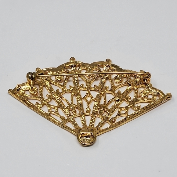 VINTAGE AK ANNE KLEIN GOLD TONE OPEN FAN BROOCH PIN OPEN SCROLLWORK 1980S - Picture 5 of 10